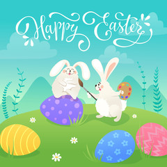 Obraz na płótnie Canvas Happy Easter greeting card with white cute bunnies drawing on colorful eggs. Fun illustration of rabbits and eggs on grass and Happy Easter text.