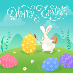 Happy Easter greeting card with white cute bunnies drawing on colorful eggs. Fun illustration of rabbits and eggs on grass and Happy Easter text.
