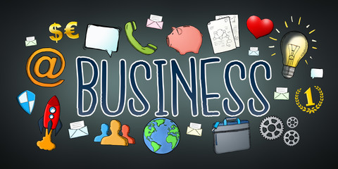 Hand-drawn business text and icons