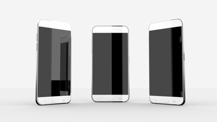 3 Phones Mock UPs In White Studio Environment, Black Screen, Vertical Screens Position, 3D Illustration
