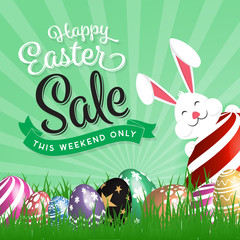 Happy Easter Sale Promotion. Painting Eggs Hidden on Green Grass With Easter Typographic Background. Vector illustration