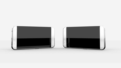 2 Phones Mock UPs In White Studio Environment, Black Screen, Horizontal Screens Position, On ground With Shadow, 3D Illustration