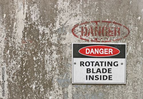 &ldquo;red, black and white Danger, Rotating Blade Inside warning sign
