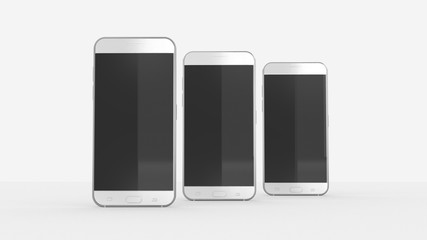 3 Phones Mock UPs In White Studio Environment, Black Screen, Vertical Screens Position, Perspective, 3D Illustration