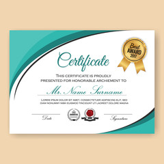 Modern Verified Certificate Background Template with Turquoise Color Scheme. Vector illustration