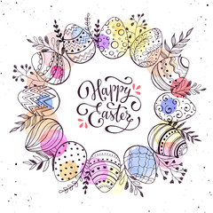 Obraz na płótnie Canvas Happy Easter greeting card. Floral wreath with hand drawn eggs and watercolor spots isolated on white background. Decorative frame from easter eggs in circle shape.