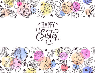 Happy Easter greeting card with watercolor spots on background. Easter eggs composition hand drawn black on white. Decorative horizontal frame from eggs with leaves and calligraphic wording.