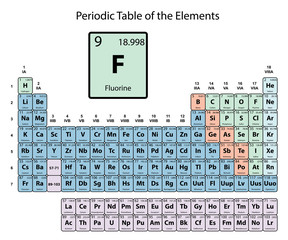 Fluorine big on periodic Table of the Elements with atomic number, symbol and weight with color delimitation on white background vector