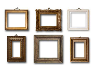 Set of picture gold wooden frame on isolated background