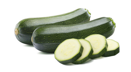 2 whole zucchini and pieces isolated on white background
