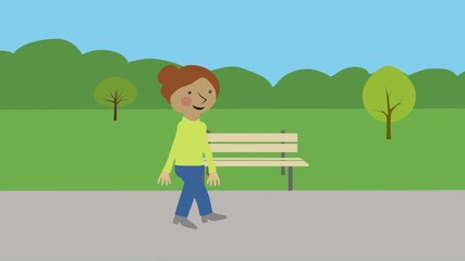 Happy woman walking in nature on summer day. Animated character with flat design. Carefree leisure moment with green lifestyle background.
