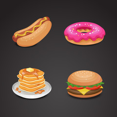 Fast food - realistic, vector icon set. Donut, pancakes, hot dog and burger.