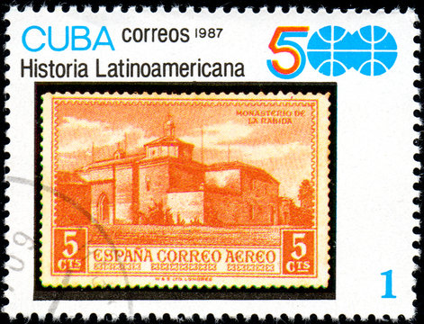 UKRAINE - CIRCA 2017: A stamp printed in CUBA shows Ancient Spanish fortress, series History of Latin America, circa 1987