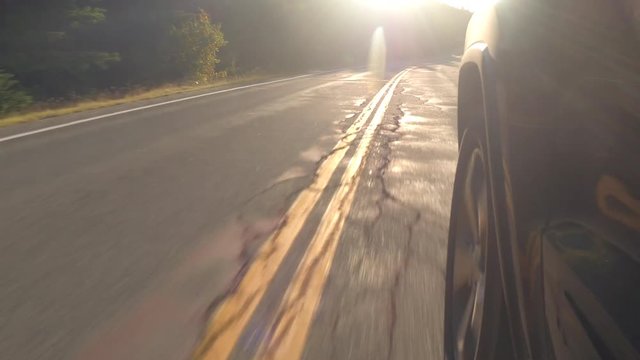 CLOSE UP: Driving on steep road descending from the overgrown mountain ridge on sunny summer day. People traveling on switchback highway through lush spruce tree forest on beautiful sunny morning