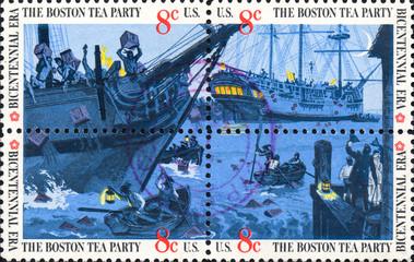 UKRAINE - CIRCA 2017: A set of four postage stamps printed in USA showing an scene of The Boston Tea Party. Colonists protest against the tax on tea. Bicentennial era, circa 1973