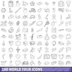 100 world tour icons set, outline style