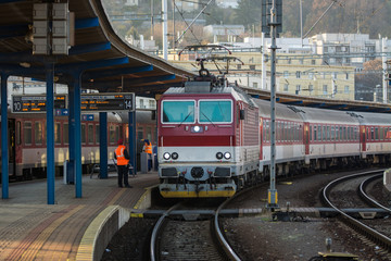 Obraz premium The arrival of a train on the platform at the train station Bratislava Slovakia eastern Europe