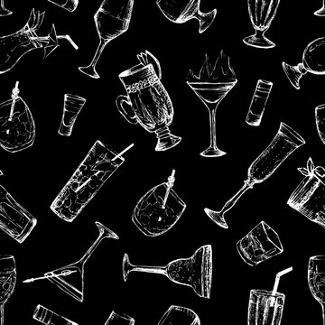 Cocktails - white and black seamless pattern with hand-drawn drinks