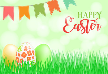 Happy Easter card, banner, flyer, invitation template. Painted eggs in fresh green grass, bright decoration and lettering