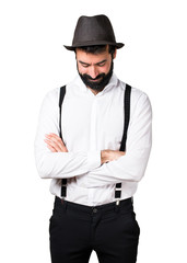 Hipster man with beard looking down