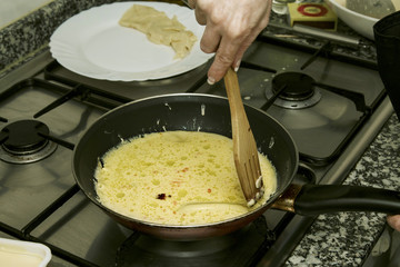 frying pan in the kitchen preparing crepes and pancakes