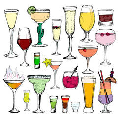 Cocktails - set of 20 color hand-drawn drinks