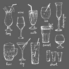 Cocktails - set of hand-drawn white drinks with text