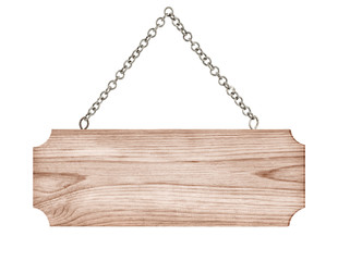close up of an empty wooden sign hanging on chain on white background