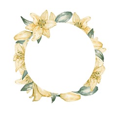 Lily yellow . Background. Isolated on white. Watercolor illustration. Hand drawing. Decorative element for greeting card, Invitation card.