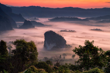 phulangka mountain with myst and sunrise in Phu Langka National Park, Payao Province, thailand