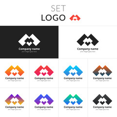 Letter M logo. Set double icon M with colorful gradient background. Vector sign on black and white color. Creative vision concept logo, elements, symbol for card.