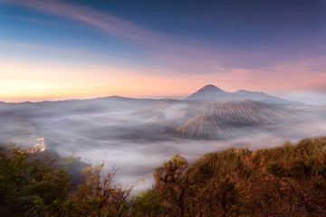 Mount Bromo volcano during sunrise