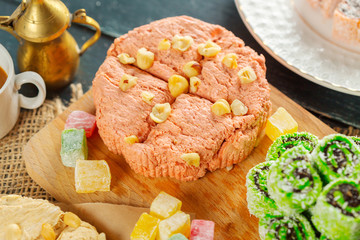 traditional eastern desserts on wooden background