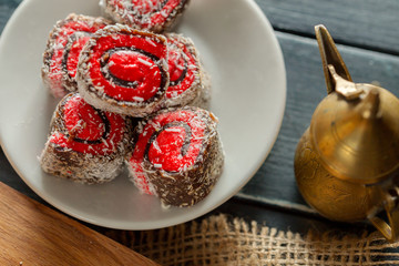 traditional eastern desserts on wooden background