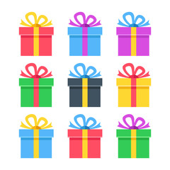 Gift icons set. Colorful gift boxes collection. Flat design graphic elements, flat icons set. Vector illustration