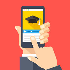 Online courses website, video tutorials app on smartphone screen. Online education, e-learning. Hand holding smartphone, finger touching screen. Modern flat design vector illustration