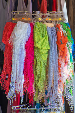 Many coloured sarongs in the shop.