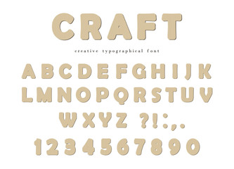 Craft typographical font. Cardboard ABC letters and numbers isolated on white.