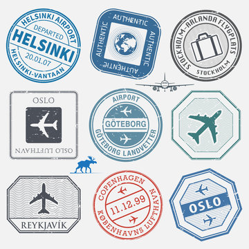 Travel stamps or adventure symbols set, Scandinavian airport theme