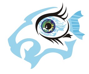 Fish eye concept against aggressive lion head. An abstract eye symbol - the furious blue lion's head and fish inside