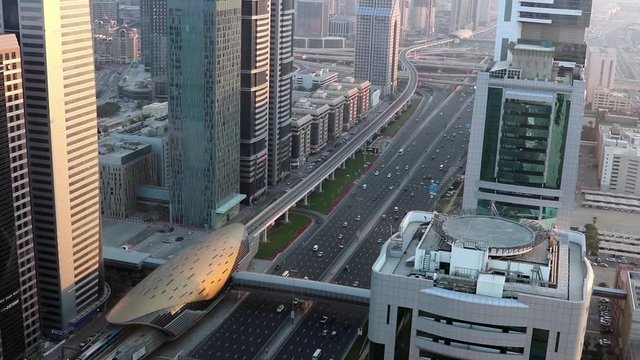 Heavy traffic in the downtown city, aerial video