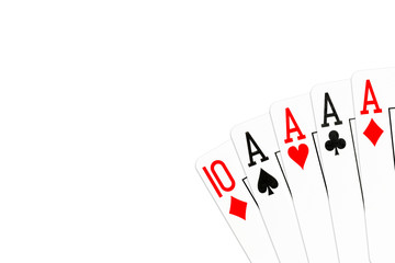 poker hand four of a kind in aces with 10 of diamonds as kicker card