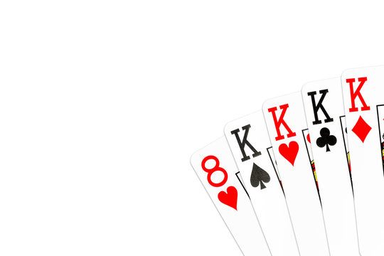 poker hand four of a kind in kings with 8 of hearts as kicker card
