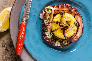 Grilled Seafood Octopus on Saffron Risotto with Brown Shimeji Mushrooms