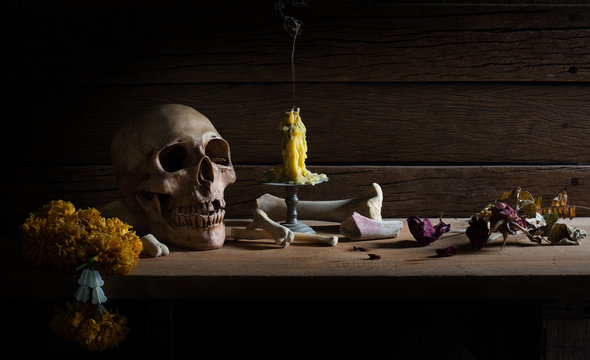 Skull and Bone on wooden plate in dim light with candle, Still Life and Select focus and visual art image.