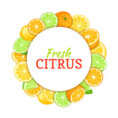 Round colored frame composed of delicious tropical orange lime lemon fruit. Vector card illustration. Circle citrus oranges limes lemons frame. Ripe fresh fruits for design juice, breakfast food drink
