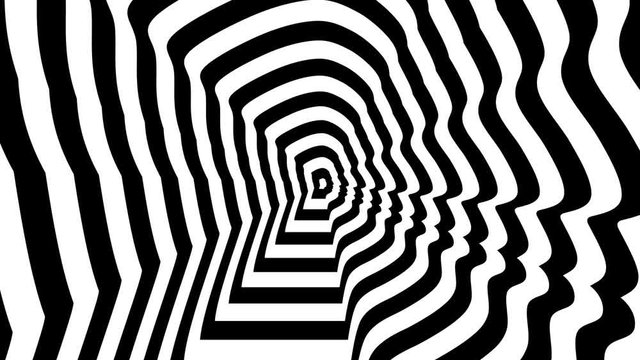 Concentric oncoming symbol,Kim Jong-un profile - optical, visual illusion. 3D rendering looping animation. Supreme leader of the Democratic People's Republic of North Korea. 