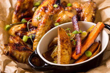 Spicy Chicken Wings with Hot Chili Jam, Baked Potatoes and Purple Carrots