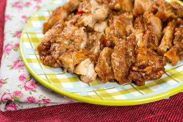 wok fried chicken stir fry with sweet peppers and chinese vegetables