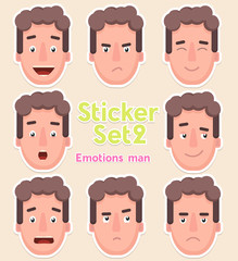 Sticker A young man emotions - joy, sadness, hurt, shock, joy, inspiration.